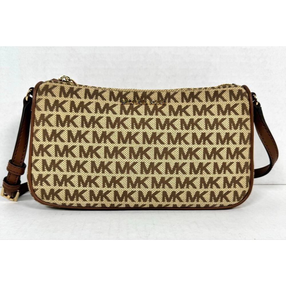 Michael Kors MK Logo Jacquard Shoulder Bag Brown Beige Gold Tone Hardware